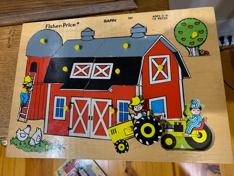 RARE 70s Fisher-Price BARN Wooden Puzzle Vintage Ages 3-6 13 pieces each w knob handle & a Picture underneath 8 1/4 x 11 3/4 x 3/8 image 2