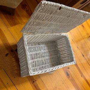 May include: White wicker storage basket with a hinged lid. The basket is empty and the lid is open.