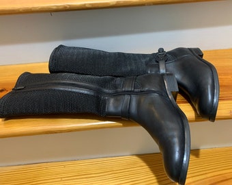 BLONDO Boots WATERPROOF Gift Leather w Knit Stretch 8.5M Black Like New Natural Rubber Soles 15" Shaft, 14" Stretch Top Vintage Look unworn
