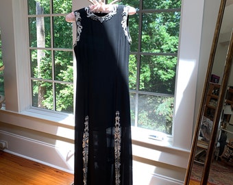 RARE 90s WEDDING PROM Black Dress Elegant Sexy Glam A J Barr Pearls & Sequins Sleeveless Slimming Ivory Flowing U.S.A. Vintage worn once