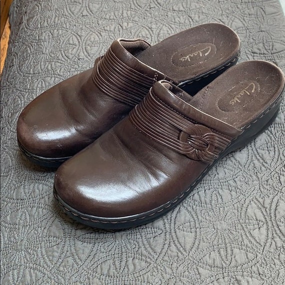 90S Clark’s Leather Shoes Mules Clog 8M Brown NIC… - image 3