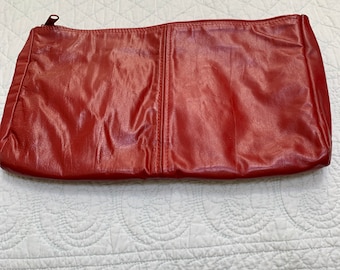 Vintage CLUTCH Bag Purse 80s RED LEATHER 13” x 8 1/4” 3 pockets Zipper Magnetic