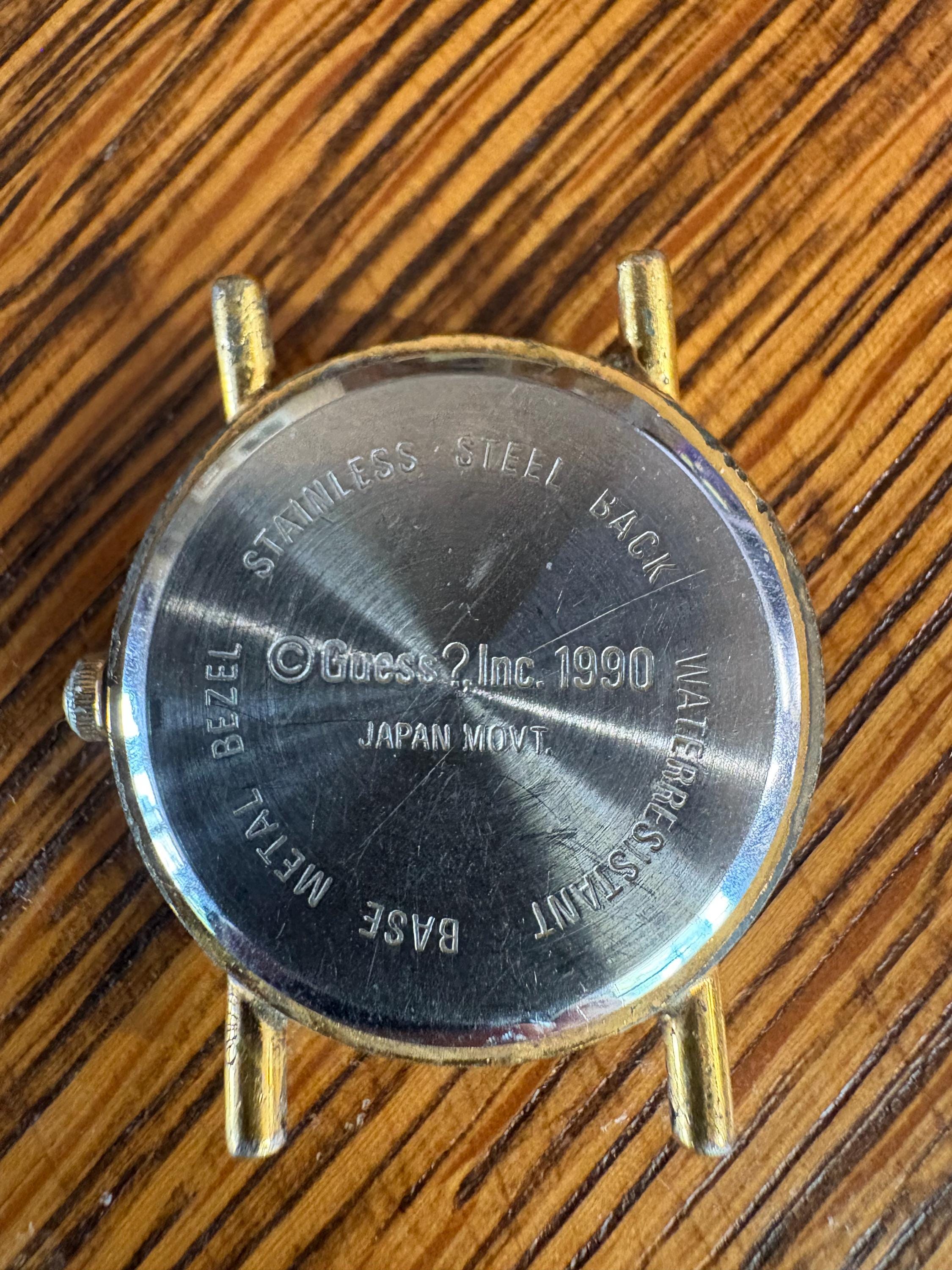 EUC Vintage 1990 Guess, Inc. white/gold w/leather band watch-water resistant Vintage 1990 Guess Inc. Quartz Watch With Black Leather  main image 3