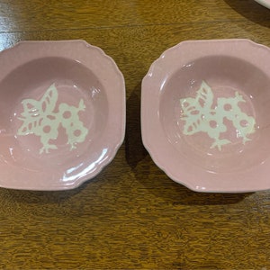 Harkerware 2 SQUARE Sauce/Side/Berries Dishes Pottery Cameoware 5 1/8”-- Pink 1930s-50s Vintage Antique
