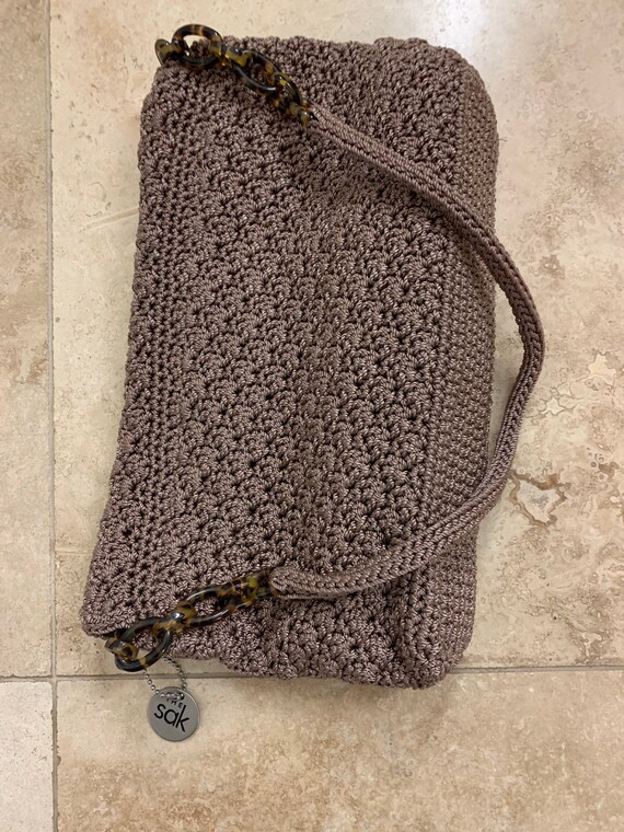 Vintage The Sak Crocheted Tan Lined Shoulder Bag Purse Gem