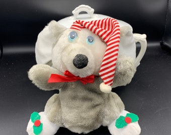 Vintage CHRISTMAS MOUSE SOFT Things Made in Korea Plush Dolls Red Striped Hat Bow Holidays Kids Holly Animals