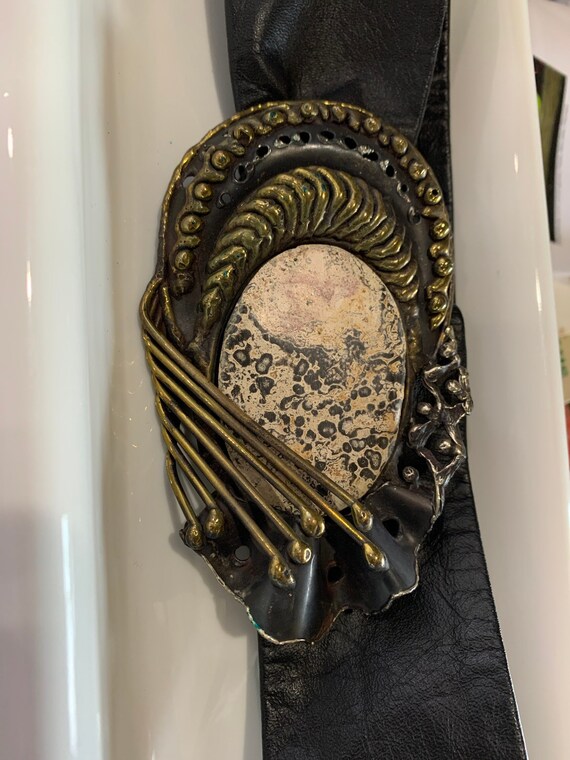 Leatherock Black Leather Belt with Ornate Gemstone Vtg LEATHEROCK Belt Womens Sz 36 Silver Leather Rhinestone  main image 4