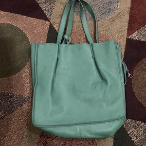 Puede incluir: Un bolso tote grande de cuero turquesa con dos asas. El bolso tiene un aspecto suave y texturizado y una forma rectangular. El bolso est&aacute; sobre una alfombra estampada con varios colores y formas.