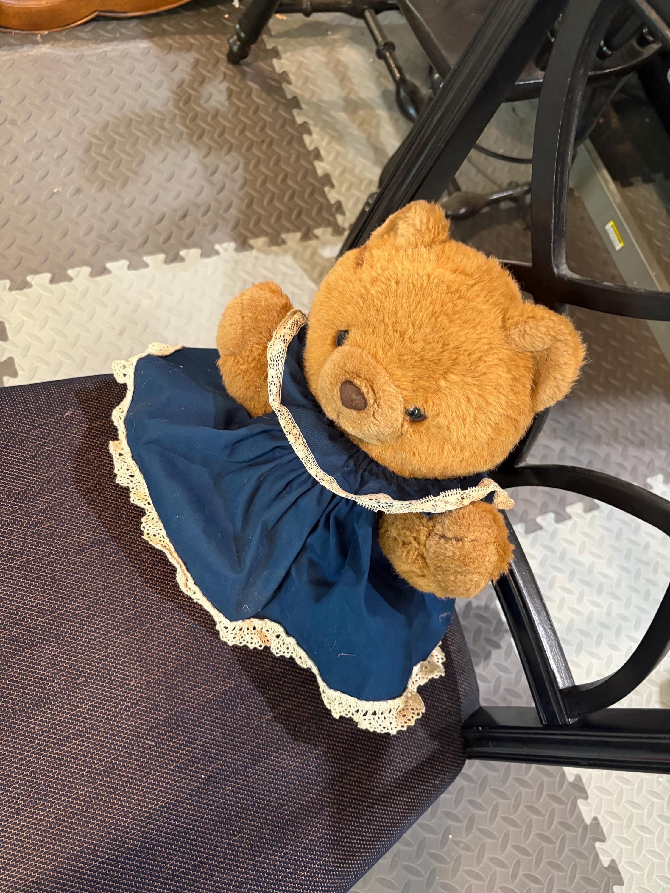 Rare Teddy Bear Victorian Ruffle Look Dress 11” Gift Vintage Blue