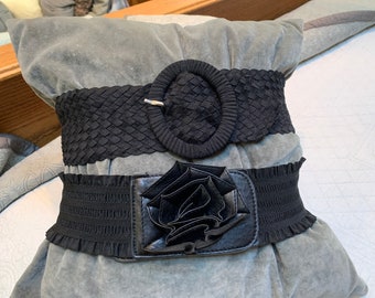 Vintage 3” Wide Belt Statement Adjustable Black Stretchy S/M Choose ONE: Bow Snap / Oval Covered Buckle 28-29” unstretched