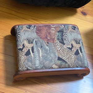 RARE ZOO Antique Ottoman Upholstery Animal Print Padded on Footstool Rectangular 21 1/2” x 15 1/2" x 6 1/2”h unusual rounded Wooden base
