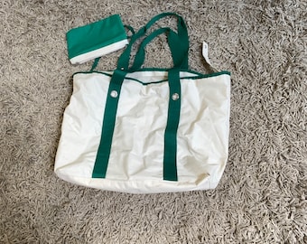 90s Heavy CANVAS TOTE Bag Snap w Attached Zipped Bag Off White Grosgrain 10” drop straps Vintage Memorabilia Beach Errands Weekender