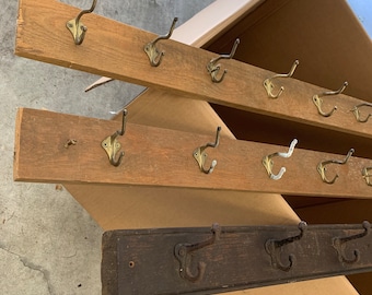 ONE HOOKS RACK Vintage Pine (64”x3 1/2”x3/4”) w 10 brass look hooks or Pine w 11 hooks Perfect in Mud Room Hall Laundry Kid Hobby Organized