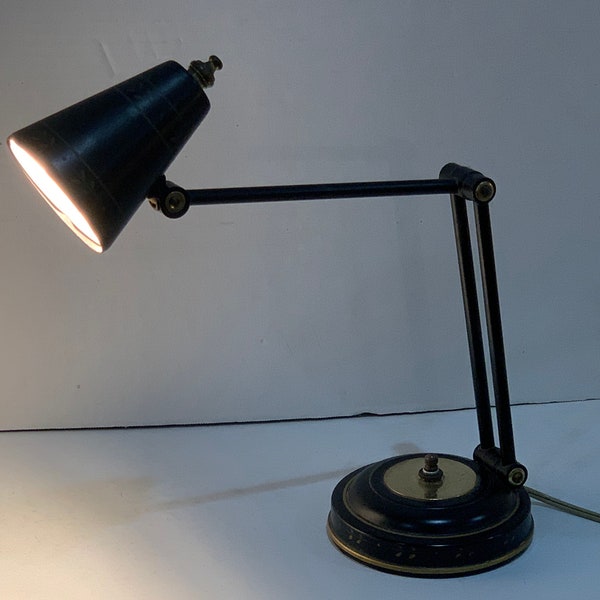 RARE Small Tole Lamp Adjustable Arm Student Desk Metal Vintage Accent Mood Reading Light Tabletop Switch on base 17”h x 4”w base Black