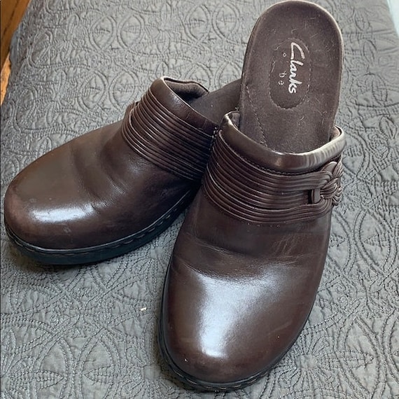 90S Clark’s Leather Shoes Mules Clog 8M Brown NIC… - image 1