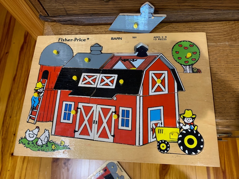 RARE 70s Fisher-Price BARN Wooden Puzzle Vintage Ages 3-6 13 pieces each w knob handle & a Picture underneath 8 1/4 x 11 3/4 x 3/8 image 4