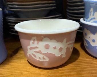 30s-40's Harker Cameo Ware Ramekin Custard Cup Pink OR Blue w White Flower - One w a crack see variations VINTAGE