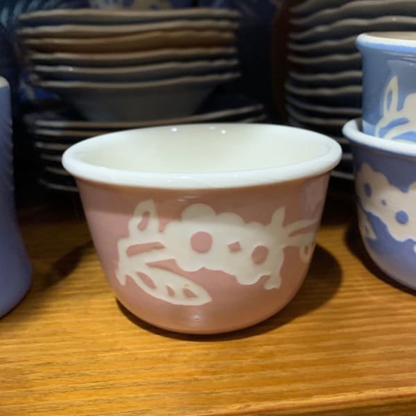 30s-40's Harker Cameo Ware Ramekin Custard Cup Pink OR Blue w White Flower - One w a crack see variations VINTAGE