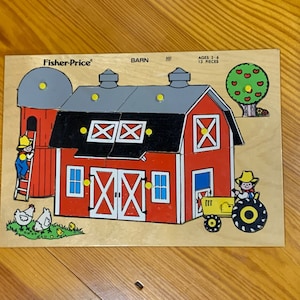 RARE 70s Fisher-Price BARN Wooden Puzzle Vintage Ages 3-6 13 pieces each w knob handle & a Picture underneath 8 1/4 x 11 3/4 x 3/8 image 1