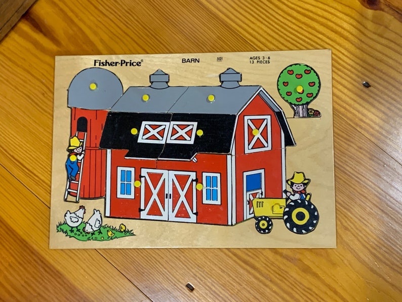 RARE 70s Fisher-Price BARN Wooden Puzzle Vintage Ages 3-6 13 pieces each w knob handle & a Picture underneath 8 1/4 x 11 3/4 x 3/8 image 1