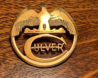 80s CULVER BRASS INSIGNIA Military Academy Eagle Hat 2" Crest Badge with Patina & Original Screw-on Back Solid Fine condition Vintage