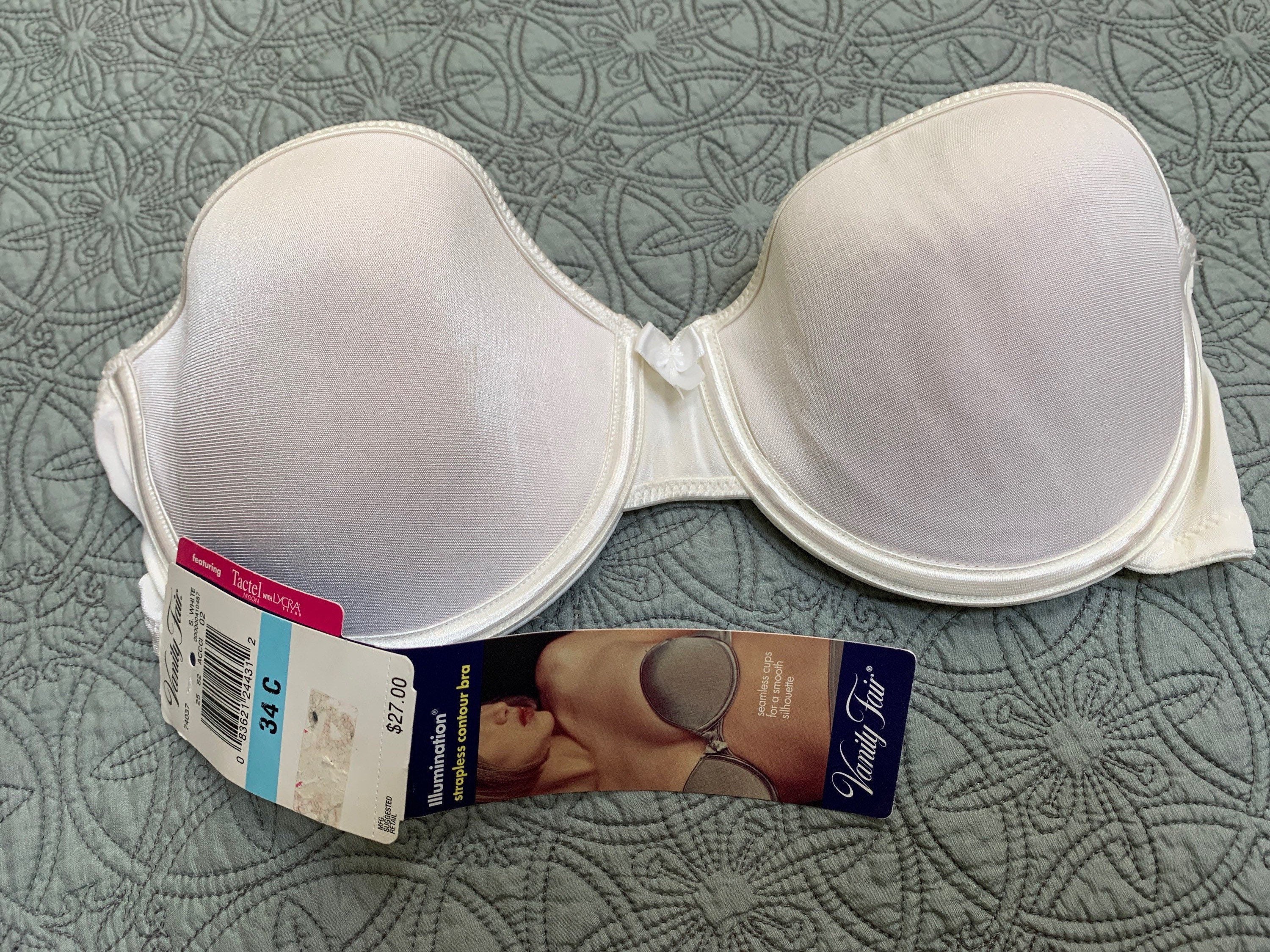 RARE STRAPLESS BRA Vanity Fair Model 74-037 N W T 34c Wire Uplift White Light Padding Smooth Silhouette New with Tags Stays in Place