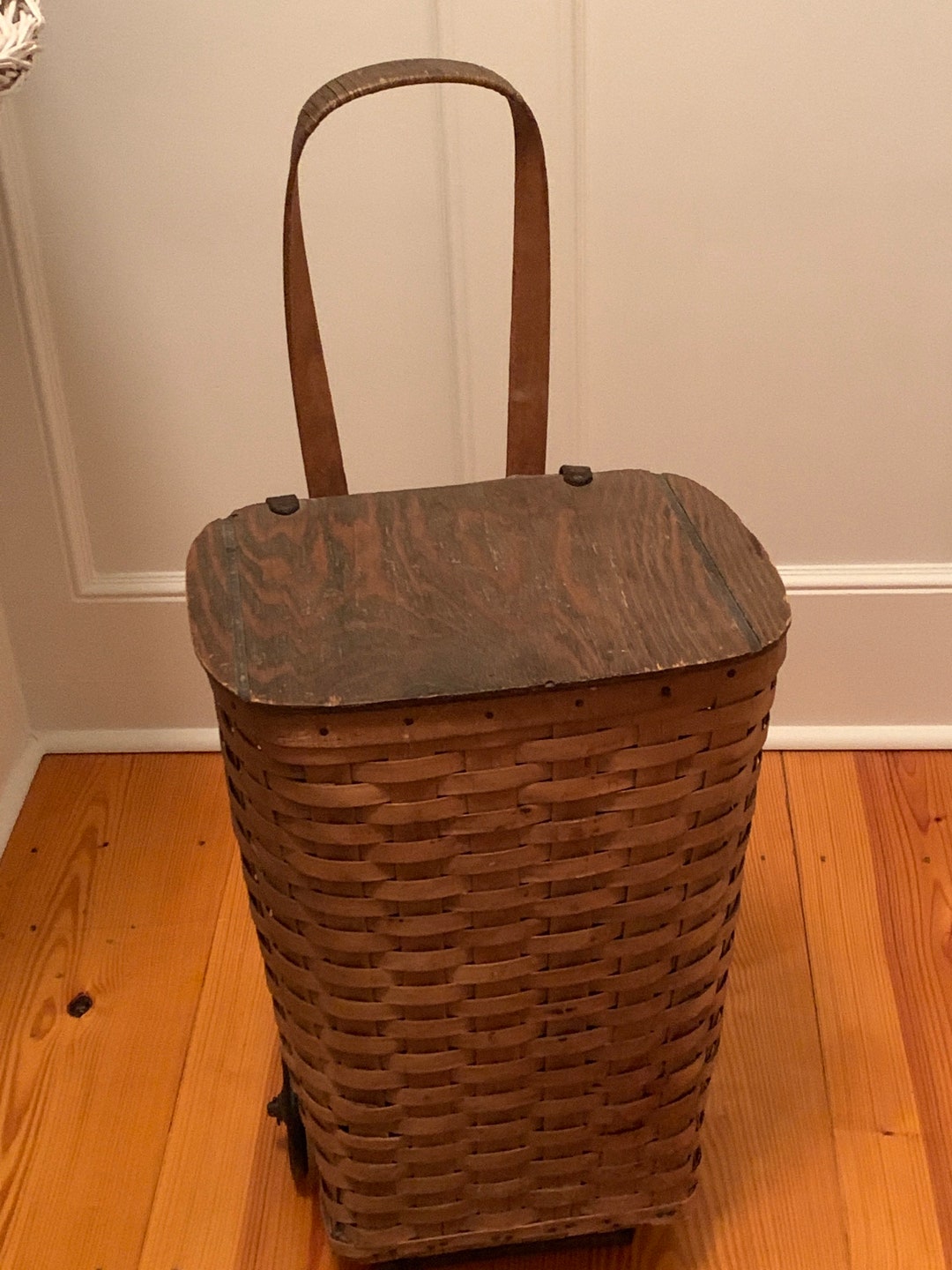 RARE Basket Antique Primitive Market Wicker Rolling Cart