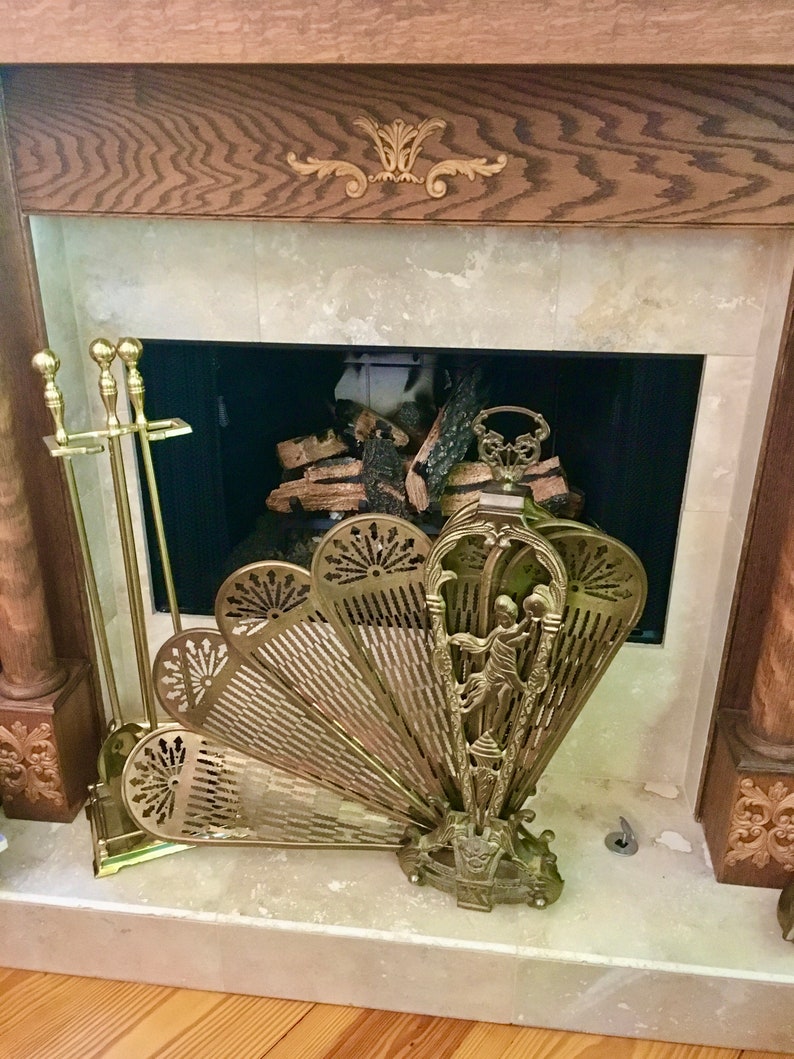 40s Antique Fan Fireplace Screen Solid Brass Cupid Vintage Etsy