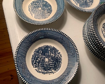 Vintage Currier and Ives Blue American Scenes Royal Fruit Dessert Sauce Bowl Sizes Vary 5 3/8 to 5 5/8” Rim to Rim See Options