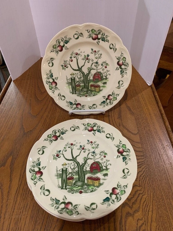 RARE 6 3/8" Plate APPLE HARVEST Bread & Butter One (1) 50s Vintage Very Rare Johnson Brothers Dishes Vintage Farmer Fork Basket Fruit Tree