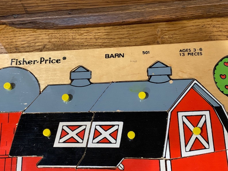 RARE 70s Fisher-Price BARN Wooden Puzzle Vintage Ages 3-6 13 pieces each w knob handle & a Picture underneath 8 1/4 x 11 3/4 x 3/8 image 8