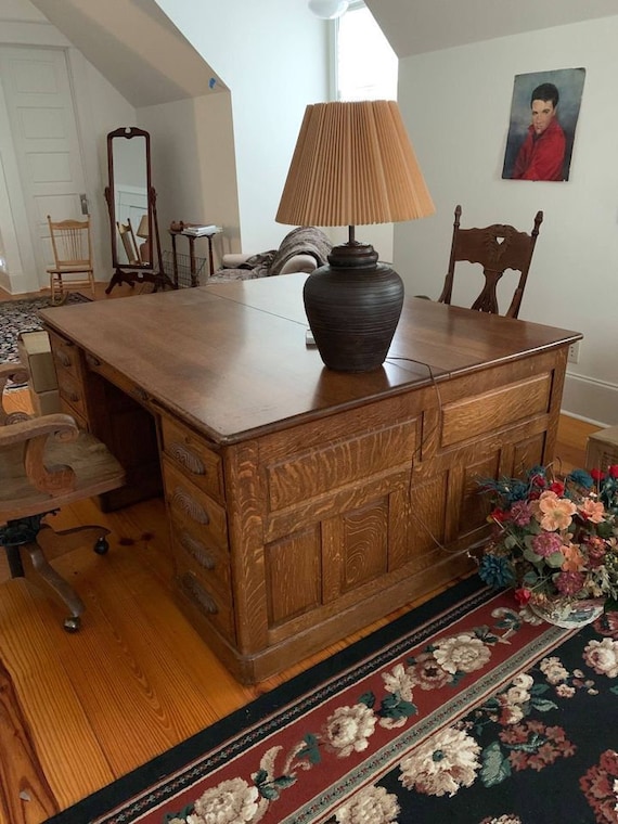 Rare PARTNER DESK NOT Free Ship Tiger Oak 18 drawer Smooth Finish Authentic Solid Wood Antique Large Paneled Sides 67w X 55d X 30 1 2h Etsy