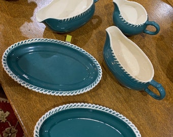 Rare 50s Harkerware Dark Green Corinthian w white VTG Choose 1 or 2 of 5 Serving pcs Oval plate or Gravy or Creamer NICE or DISPLAY