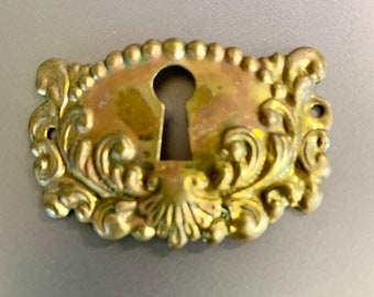 Antique Key hole Brass escutcheons Ornate Keyhole covers Set of Six (6) Matching - 1 7/8”w x 1 1/4”h Furniture Decor Vintage Hardware