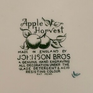 May include: A white ceramic plate with a green and black design. The design features a stylized apple with leaves and the text "Apple for Harvest" and "Johnson Bros". The text also includes "Made in England" and "A genuine hand engraving all decoration under the glaze detergent & acid resisting colour Pat. Pend."