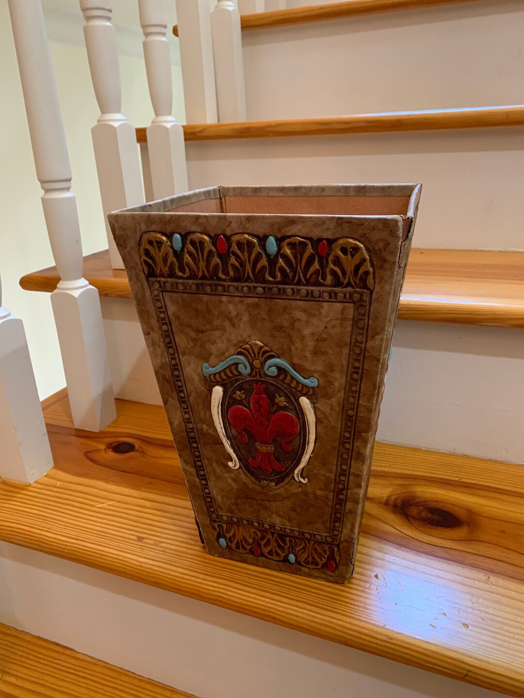 60s Leather Embossed WASTEBASKET Collapsible Folding Made in Italy