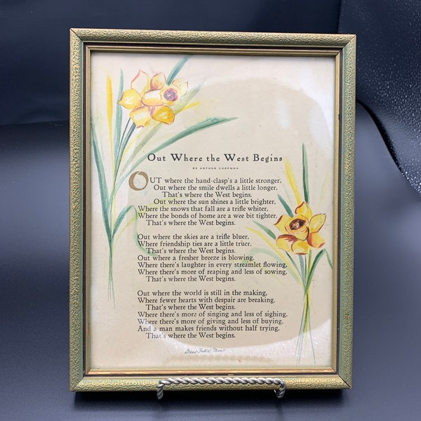 OLD Poem Out Where the West Begins Framed Wood 1917 Arthur Chapman -RARE w Illustrate Yellow Flowers 9 3/4x7 3/4 Ready 2 Hang Great Falls MT