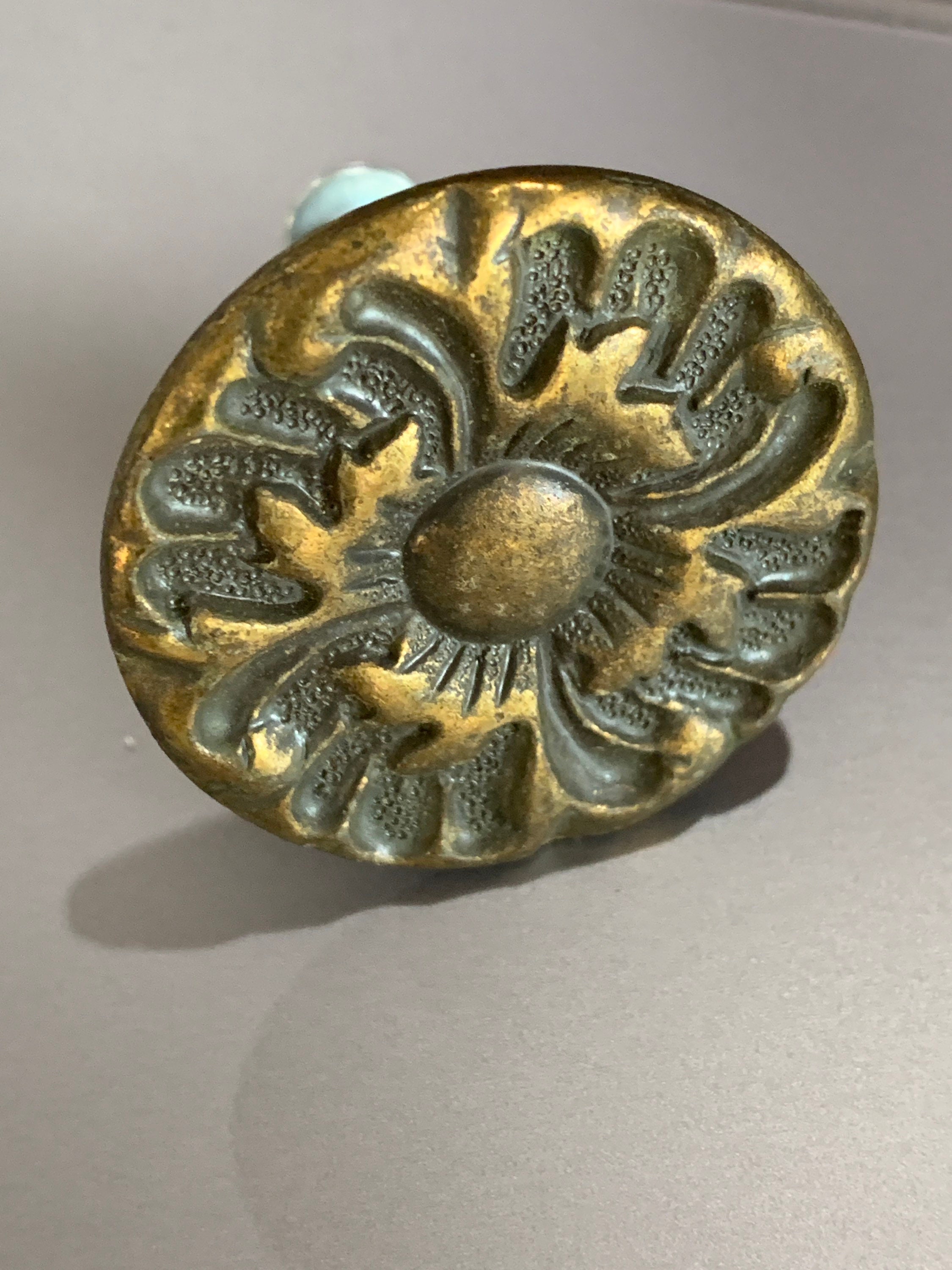 Small brass knob, antique brass floral cutout pattern — Mango Reclaimed