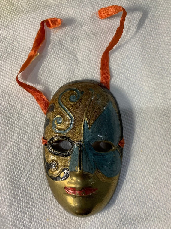 Vintage MASK Mardi Gras Gift 2 SOLID BRASS 4 3/8 Colorfully Painted  Black/blue/copper New Orleans -  Norway