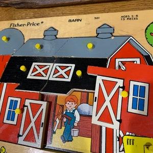 RARE 70s Fisher-Price BARN Wooden Puzzle Vintage Ages 3-6 13 pieces each w knob handle & a Picture underneath 8 1/4 x 11 3/4 x 3/8 image 6
