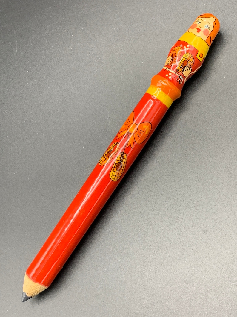 Rare BIG WOOD PENCIL Matryoshka Doll Russian Unused Like New Hand Painted Souvenir 8 long x 78 thick Bought in Russia Red Orange Yellow