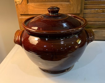Rare Antique STONEWARE BEAN POT Crock w Lid Handles England Pearson’s Chesterfield Brown Glazed Approx 9” w x 8” h See Photos