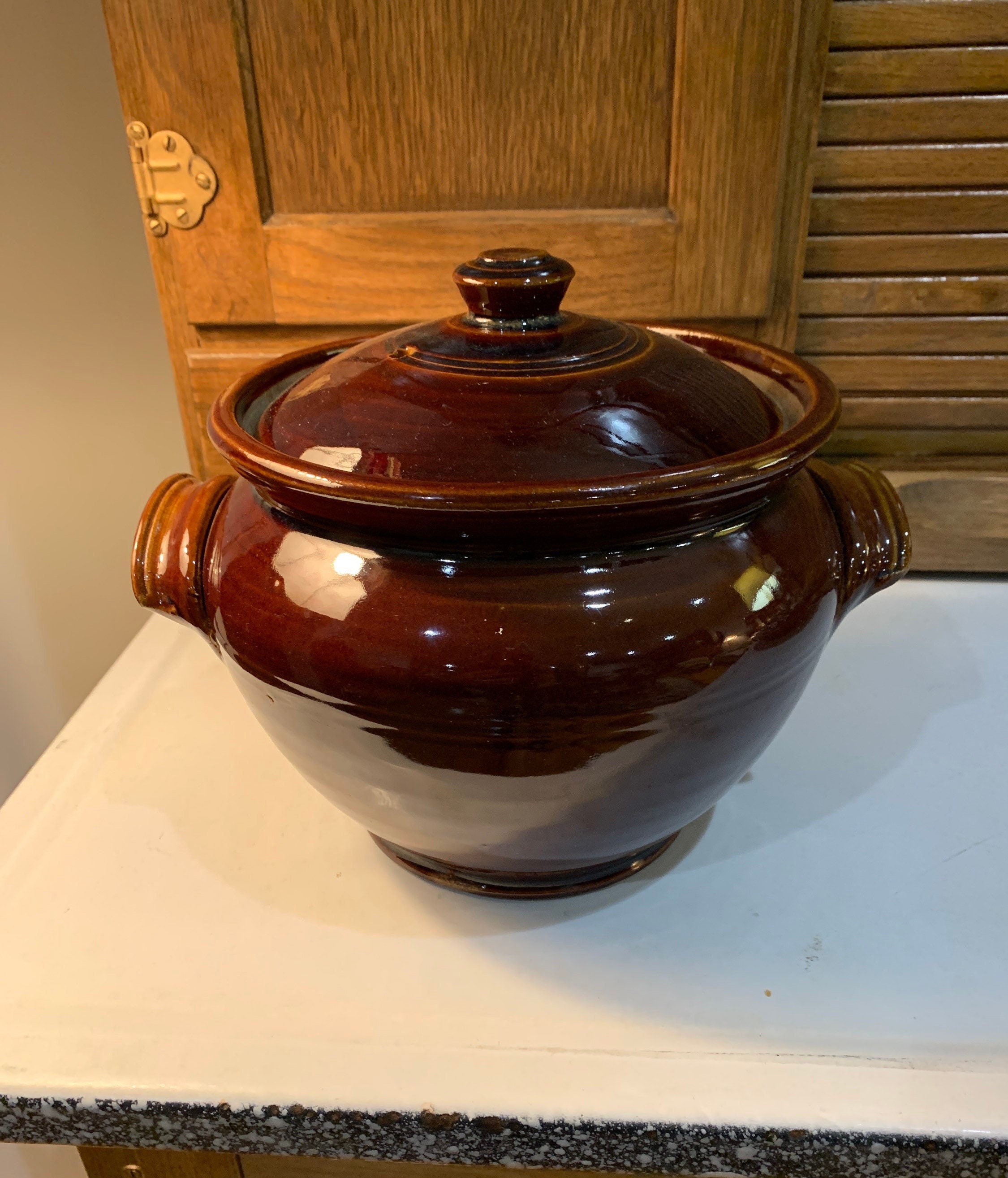 Antique Dark Brown Glazed Stoneware Baked Bean Pot Crock With Lid