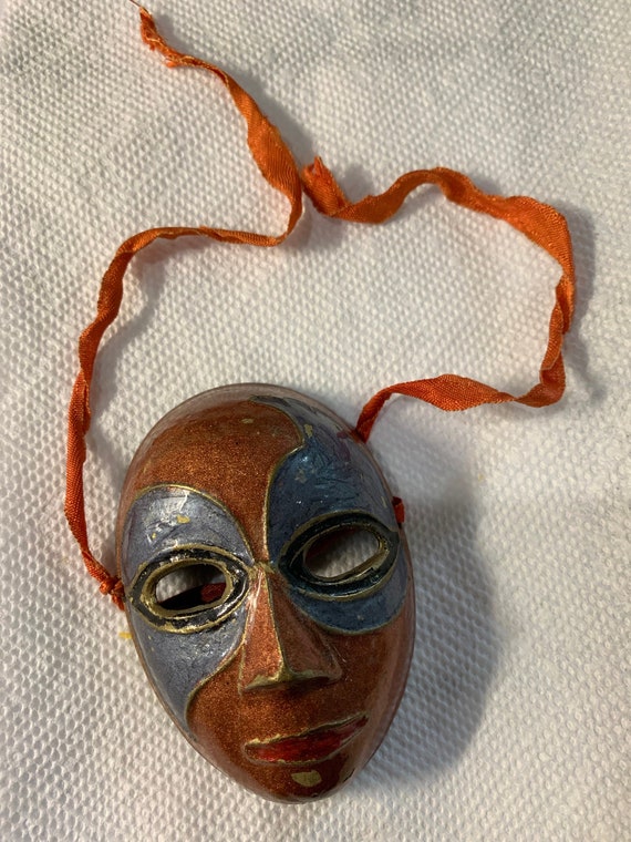 Vintage MASK Gift Mardi Gras #1 SOLID BRASS 3.5 Colorfully Painted Blue  Copper New Orleans Winter Festival