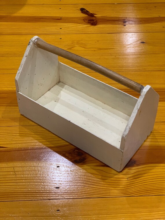 50s Wooden Toolbox White With Dowel Rod Handle Vintage 16w X 8d X 10 1/4h 