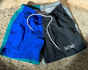 RARE 80s-90s SWIMWEAR Unisex Mesh pockets by Spot Sport European Beach Gray/Black/Royal/Green 100% Nylon Look new Size S Drawstring Waist