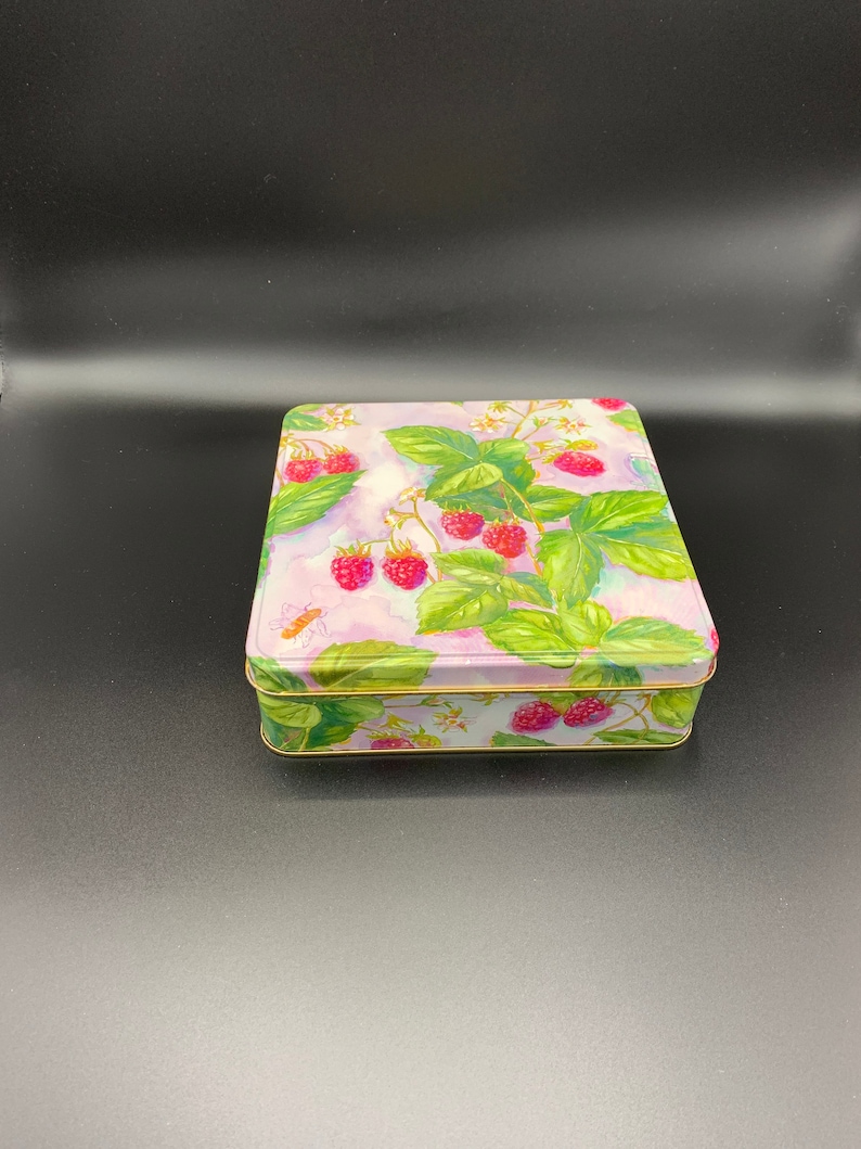 Retro Raspberry Ruffle Tin Rare 80s Raspberry Tin Container, Collectible Square Tin (8 1/2