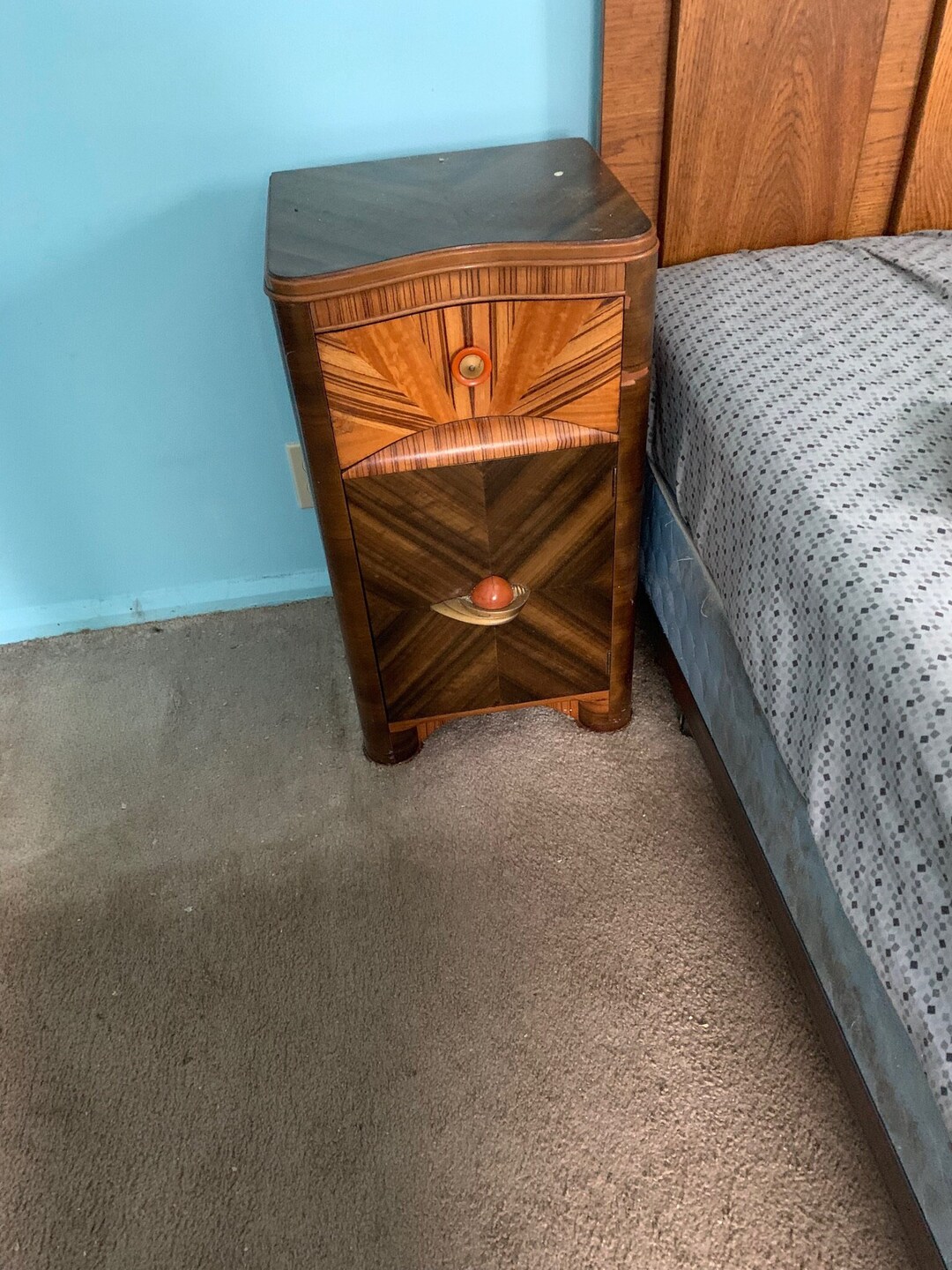 Vintage Art Deco Nightstand Inlaid Waterfall Wood Unique Art
