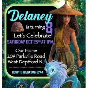 Op de afbeelding: Een verjaardagsuitnodiging voor Delaney's 8e verjaardag. De uitnodiging toont een cartoonafbeelding van een meisje met een draak en een bosachtergrond. De tekst op de uitnodiging luidt: "Delaney wordt 8 Laten we vieren! Zaterdag 23 oktober om 13:00 uur Ons huis 209 Parkville Road West Deptford NJ RSVP naar (856) 906-9744"