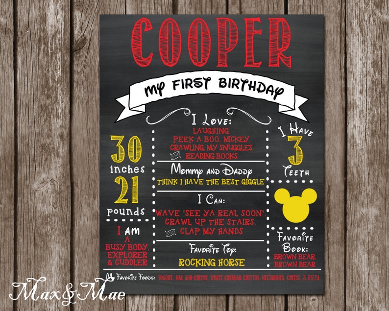 Birthday Poster Mickey Mouse Chalkboard First Birthday Poster Digital File First Birthday Sign Birthday Sign